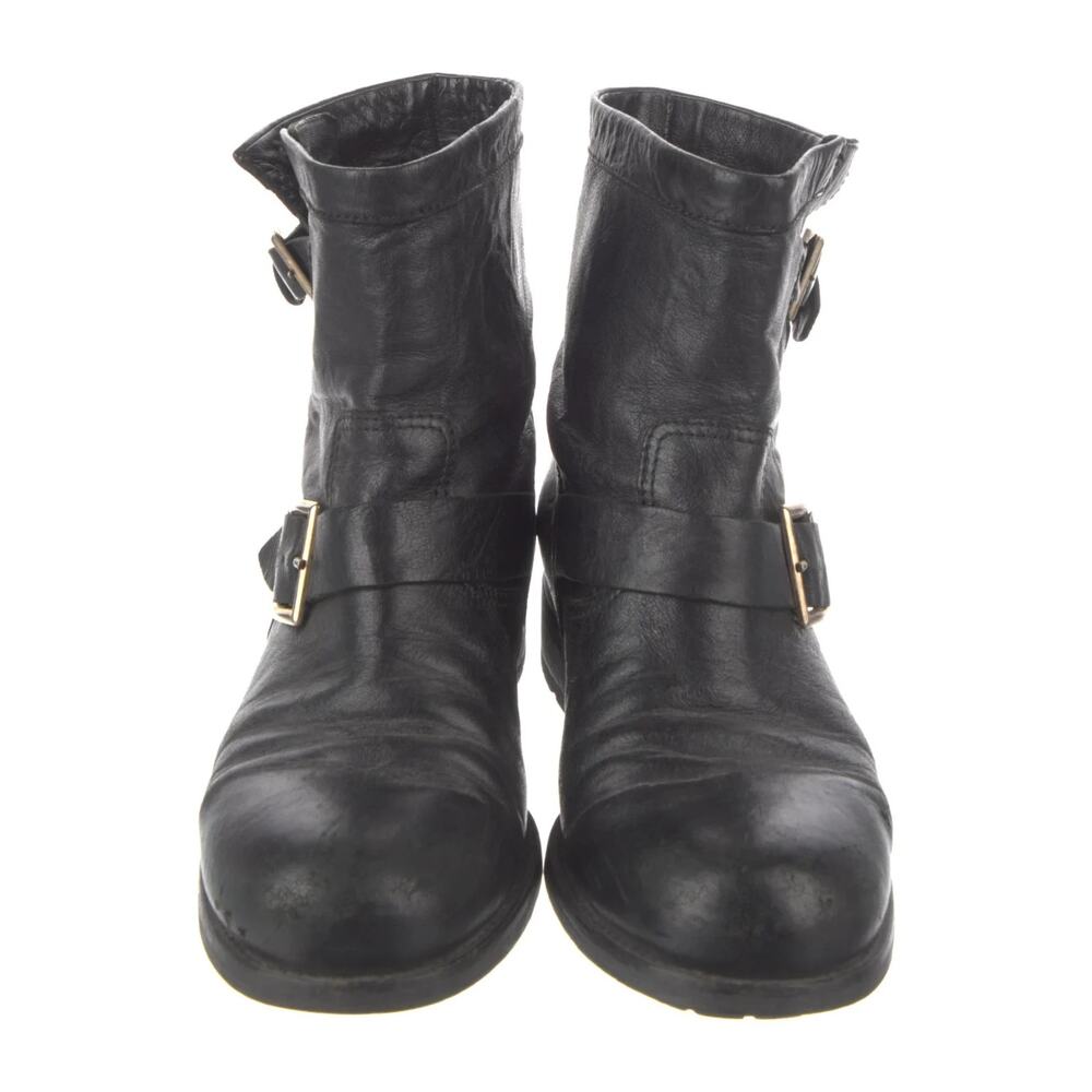 Jimmy Choo Moto Boots Black Leather Buckle Strap Women’s Size 38 Ankle Booties